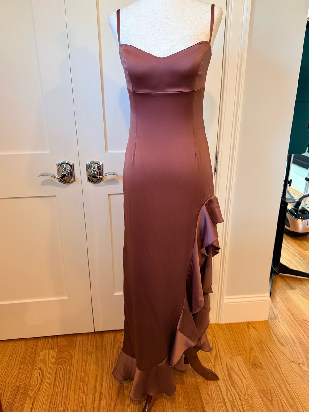Nookie Sasha Satin High-Slit Ruffle Slip Dress in Mocha - Picture 5 of 15